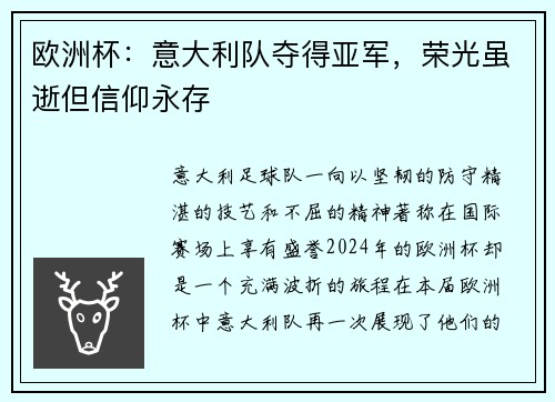 欧洲杯：意大利队夺得亚军，荣光虽逝但信仰永存