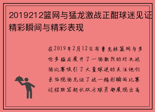 2019212篮网与猛龙激战正酣球迷见证精彩瞬间与精彩表现