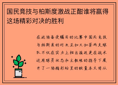 国民竞技与柏斯度激战正酣谁将赢得这场精彩对决的胜利